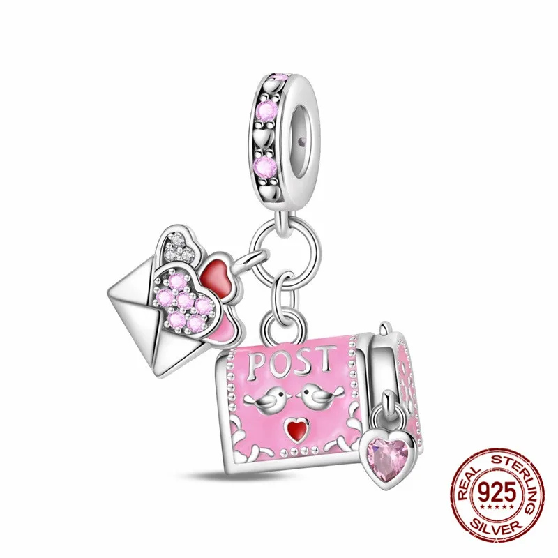 

925 Sterling Silver Pink Envelope/Box Pendant Bead Inlaid with Zircon Paired with an Original Bracelet DIY Womens Jewelry Gift