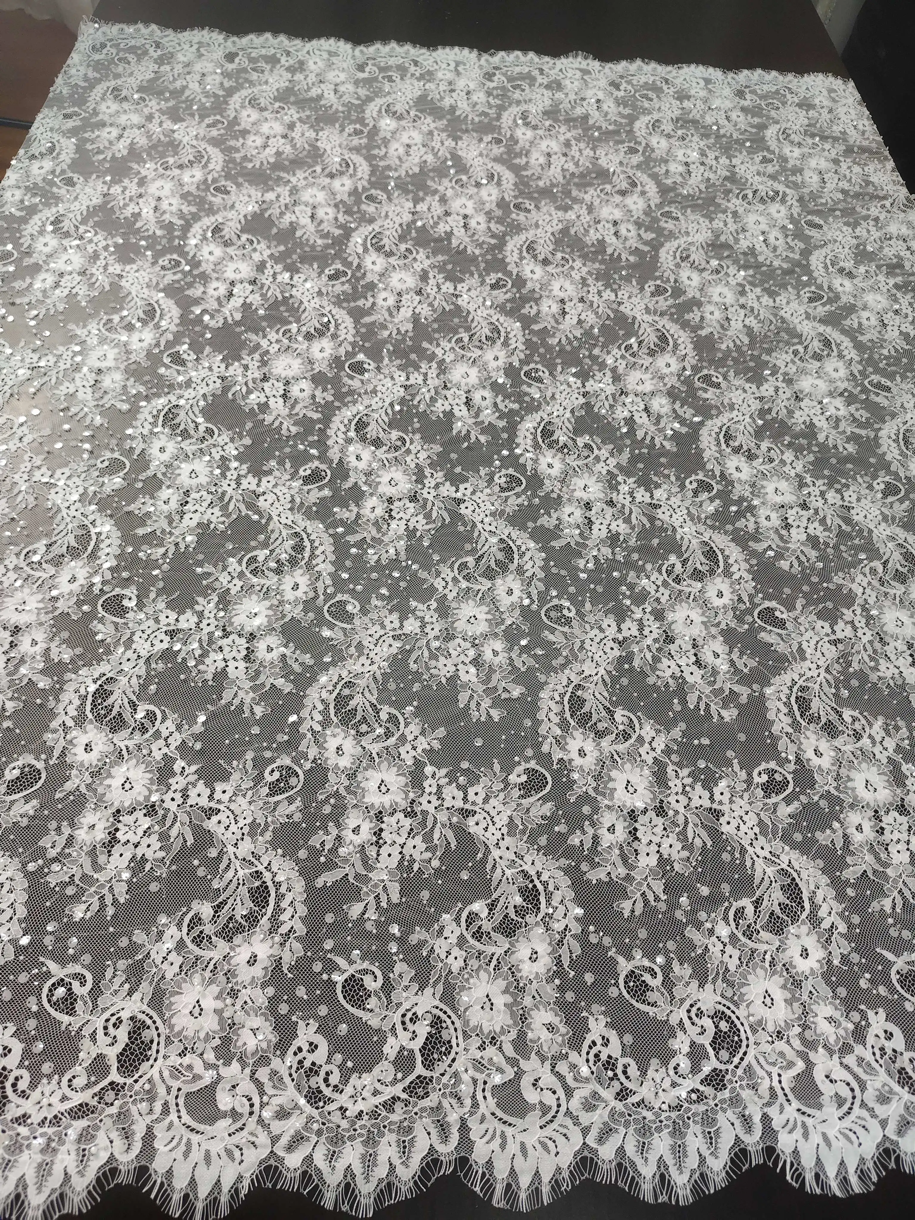 Ivory Bead Sequined Eyelash Sparkly Floral Chantilly Lace Fabric Embroidery Tulle Lace for Wedding Dress Veil Evening Gown