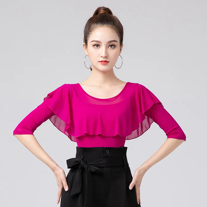 

Latin dance shirt female middle-sleeved adult clothing Ruffled black jumpsuit dance training clothes Professional dance tops