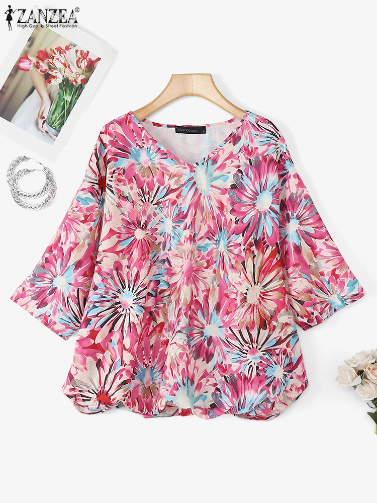 2025 ZANZEA Autumn Women Fashion Vintage Tops 3/4 Sleeve Casual Bohemian Print Blouses Shirts Loose V-Neck Oversize Blusas Femme