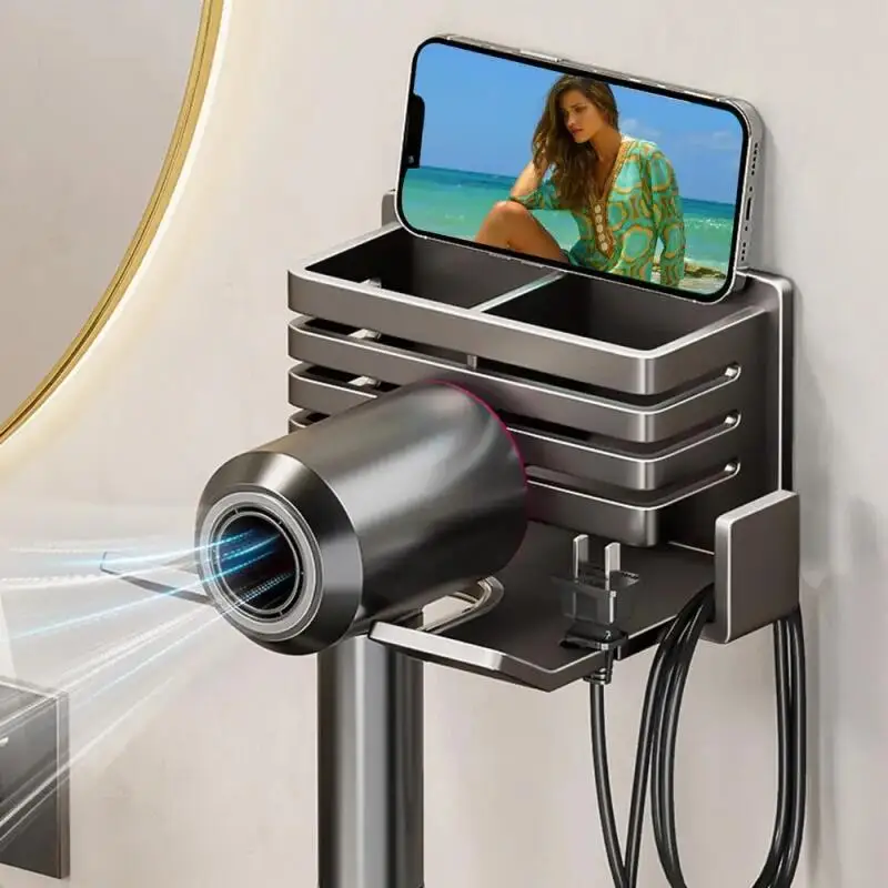 Wall Mounted Bathroom Shelf No Drill Multifunctional Storage Shelves Organizer with Hair Dryer Holder Toilet Cradle