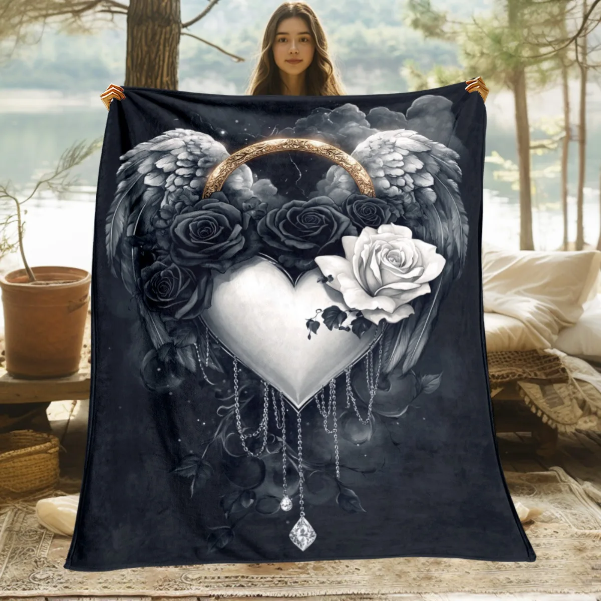 Gothic Floral Heart Flannel Throw Blanket, Black Rose with Wings Design,Soft Dark Aesthetic Blanket for Sofa Bed,Home Decor Gift