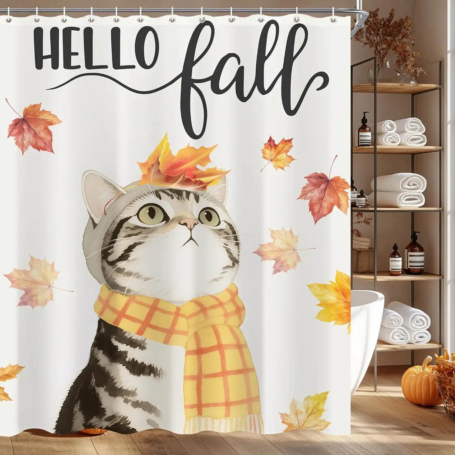 

Занавеска для душа с милым котом для ванной комнаты, осенняя занавеска для ванны с кленовыми листьями, День Благодарения, урожай