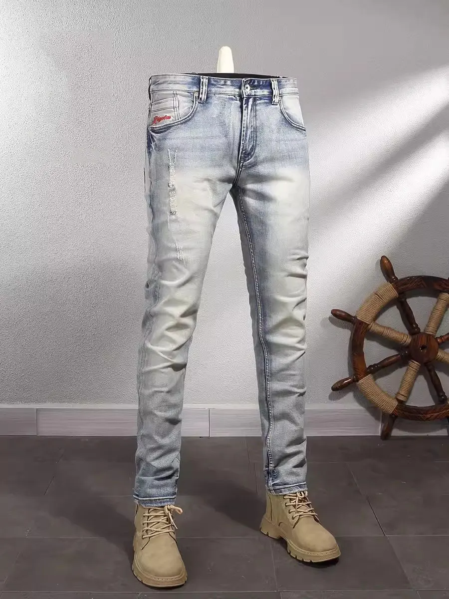 Fashion Vintage Men Jeans High Quality Retro Washed Light Blue Stretch Slim Fit Ripped Jeans Men Embroidery Designer Denim Pants