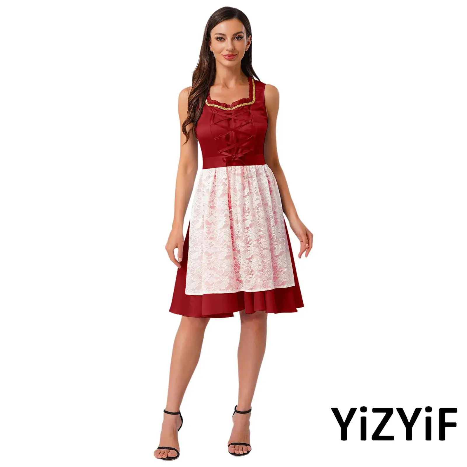 

Womens Halloween Carnival Maid Cosplay Costume Ruffled Trim Front Lace-up Dirndl Dress with Lace Apron for German Oktoberfest