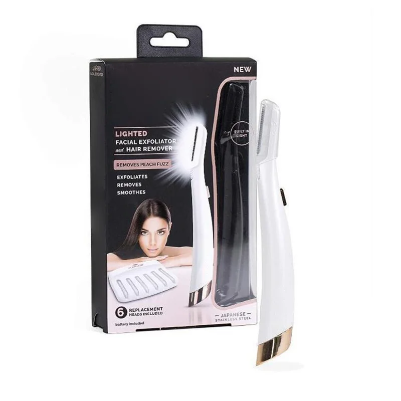 Dermaplaning Hair Remover LED Facial Exfoliator Lady Shaver Razor Face Hair Shaver With 6 Replacement Heads