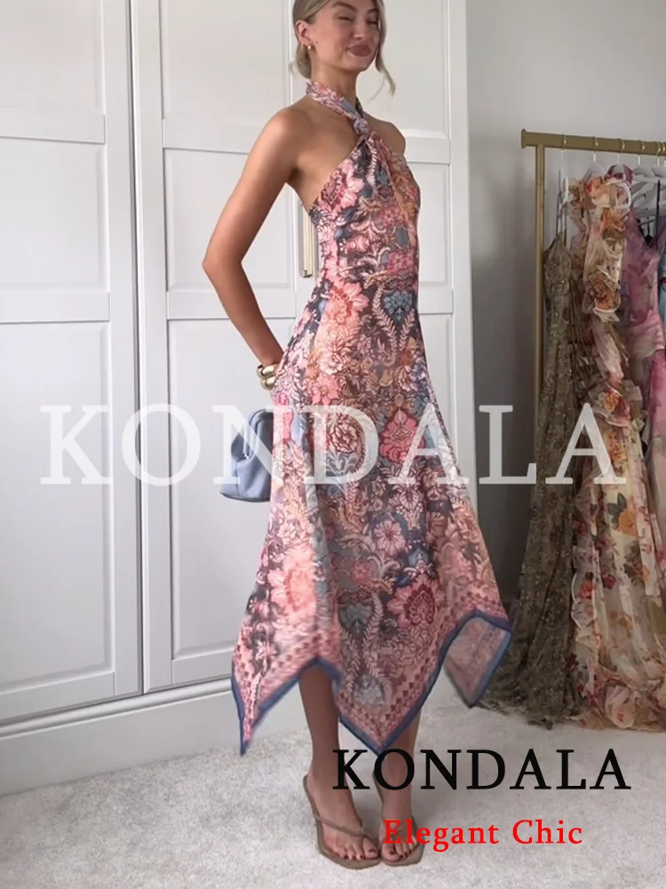 KONDALA Damen Trendiges Strandkleid mit Print, Neckholder, rückenfrei, ärmellos, langes Kleid, neue Mode 2026 Frühling Sommer Urlaub Süßes Kleid
