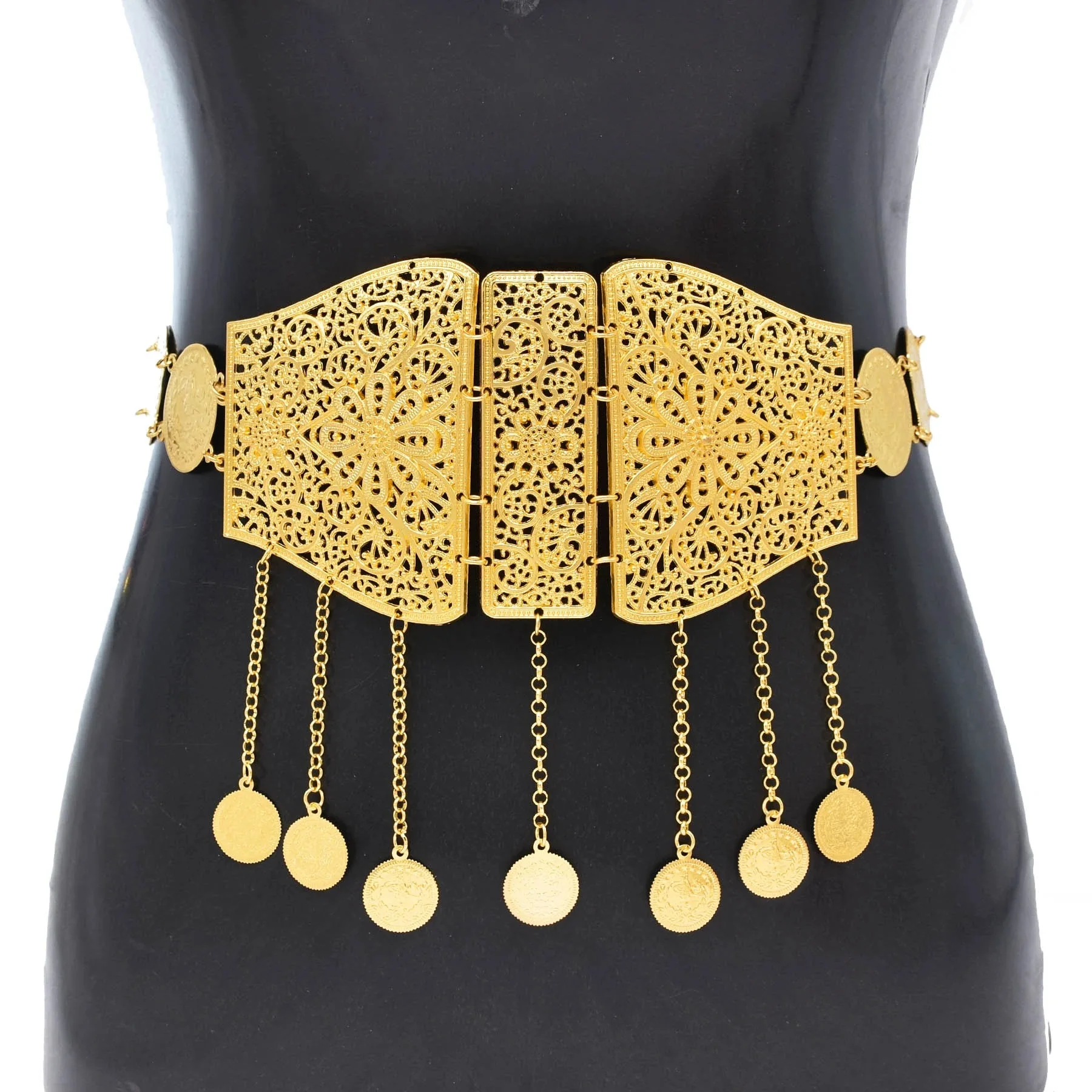Golden Metal Coin Long Chain Belts for Women India Belly Dance Morocan Afghan Turkish Kurdistan National Dress Waistband Jewelry