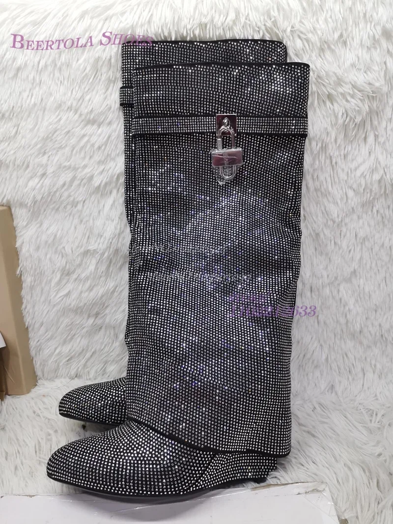 Flip Knee Boots Sporty Silver Crystal Round Flat Metal Buckle Brand Design Booties Rhinestone Bordered Luxury Women Elegant Shoe