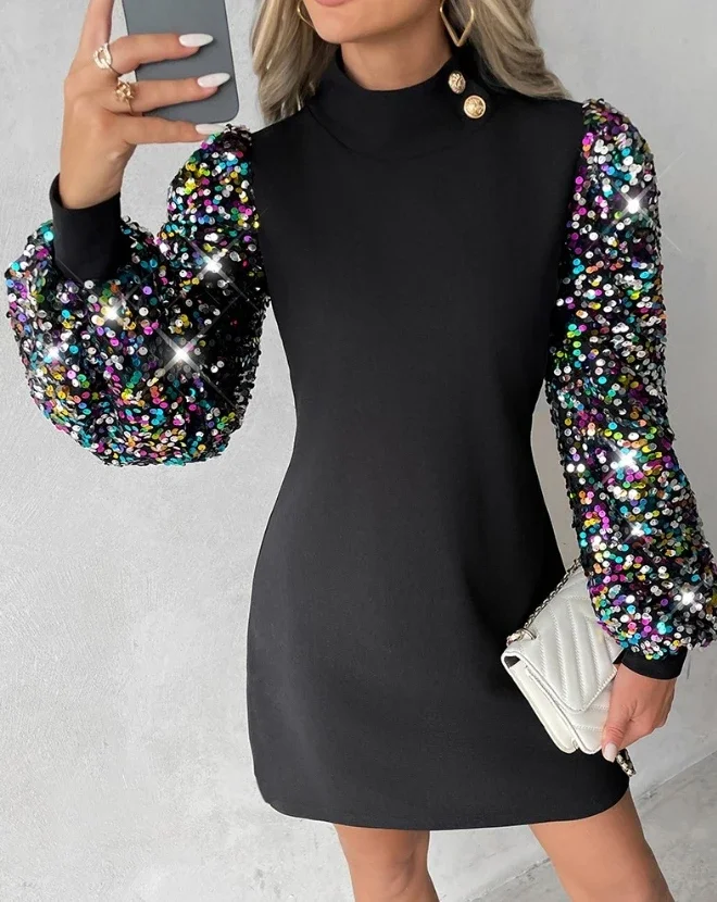 

Dresses for Women 2023 New Colorblock Insert Mock Neck Lantern Sleeve Sequins Dress Fashion Street Elegant Shift Dresses