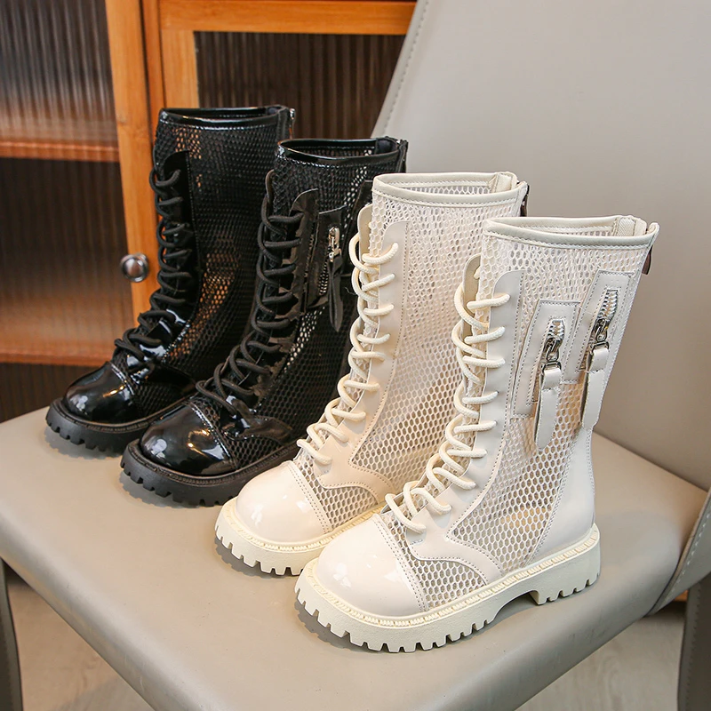 

Детские летние сандалии для девочек, модные высокие сетчатые ботинки с дышащей сеткой, декоративными шнурками и молнией, в стиле Ins