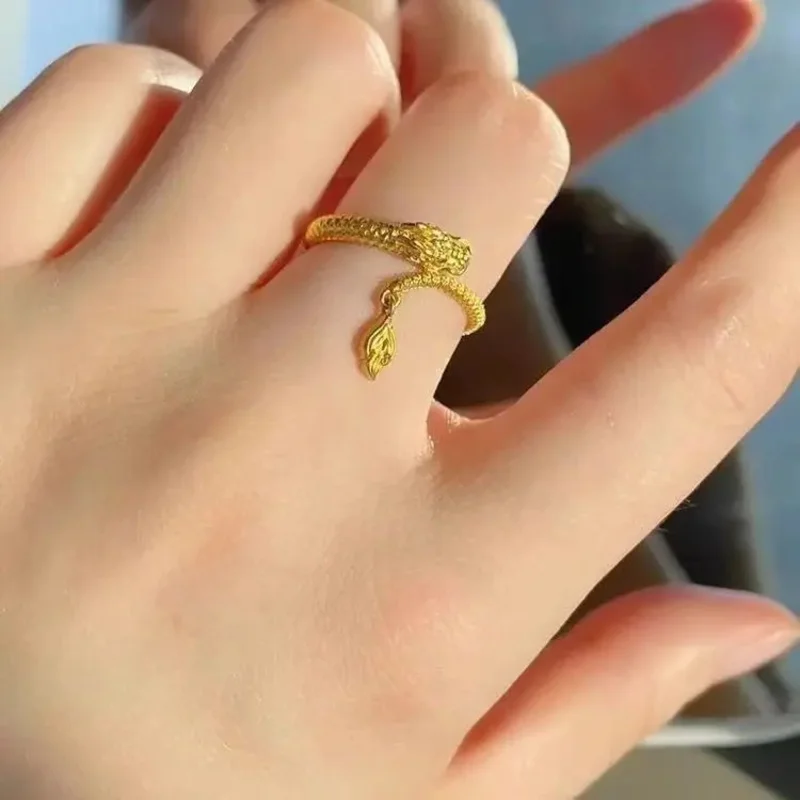 Cincin ekor wanita, tahun lahir Fashion Semua cocok pria dan wanita zodiak LogLong 18K nyata berlapis emas penyesuaian cincin terbuka