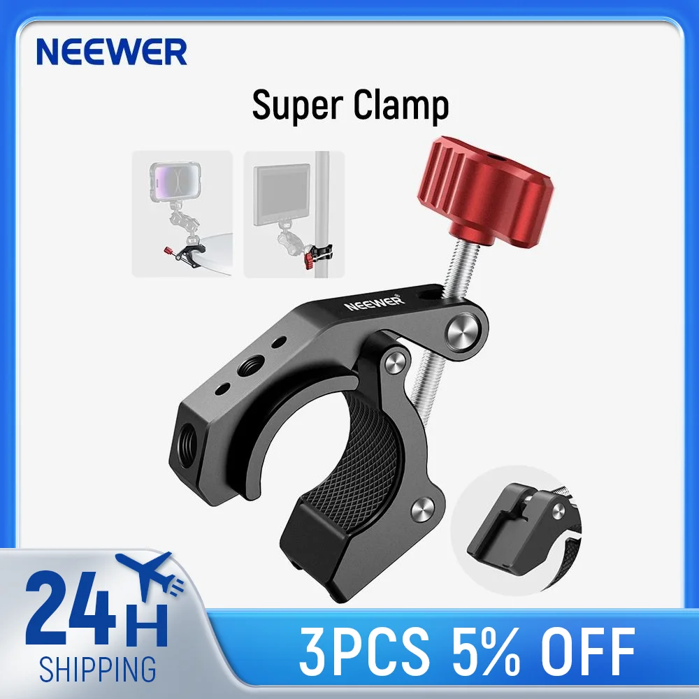 

NEEWER Super Clamp with Cold Shoe and 1/4" 3/8" Threaded Holes, Max Load 4.4lb/2kg, Crab Shaped Camera Clamp Mount