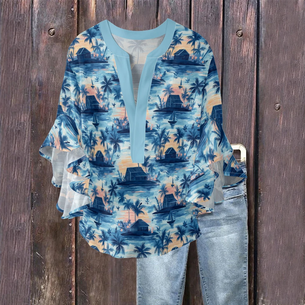 Flamingo Tropical Print Women's Fashion Blouse V-Neck Bell Sleeves Flowy Crinkle Fabric Shirt Sweet Pastoral Style Casual Tops