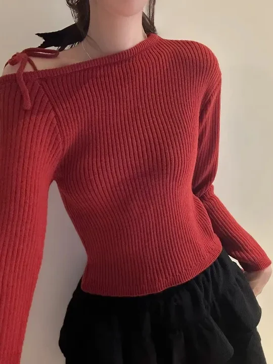 

Korean Sle Knitted Sweater Women's Long Sve off oulder Tie Design Slimming Crew Ne Pullover Autumn Winter Faion