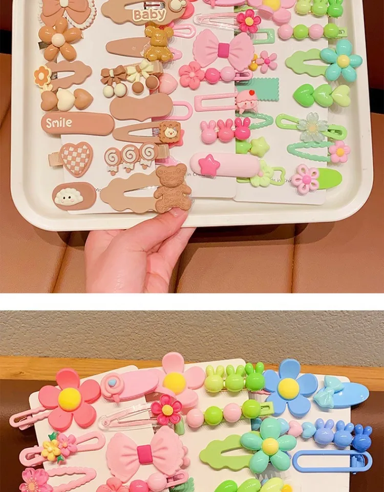 14-teiliges Set Cartoon-Haarspangen mit Schleife und Blume für Babymädchen, Gelbe und Rosa Haarklammern, Kopfschmuck für Kinder, Haaraccessoires in Bonbonfarben – Detail 7