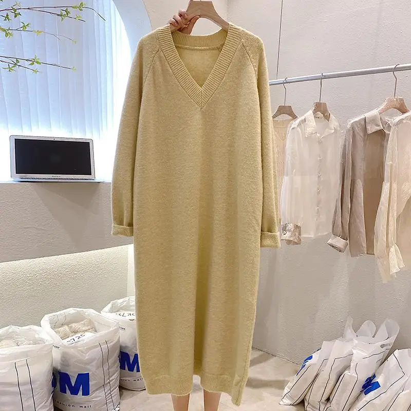 Pound Plus Size Woolen Dress Over the Knee for Women Suitable for Autumn and Winter with a Lazy Loose V-neck Bottom Knit Dress