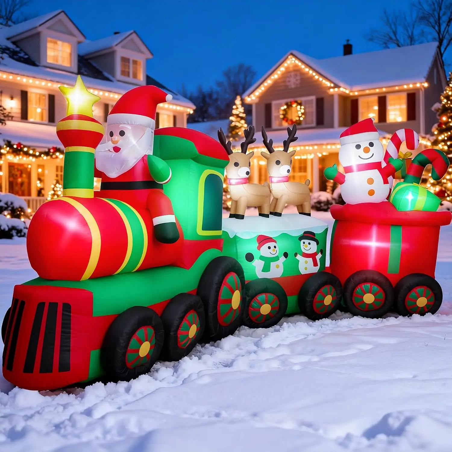 11 FT Christmas Inflatable Train Outdoor Yard Decoration with Santa Claus, Reindeer & Snowman, Long Blow-Up Holiday Display Featuring Built-in LED Lights for Lawn, Garden, Indoor Party, Holiday Decor