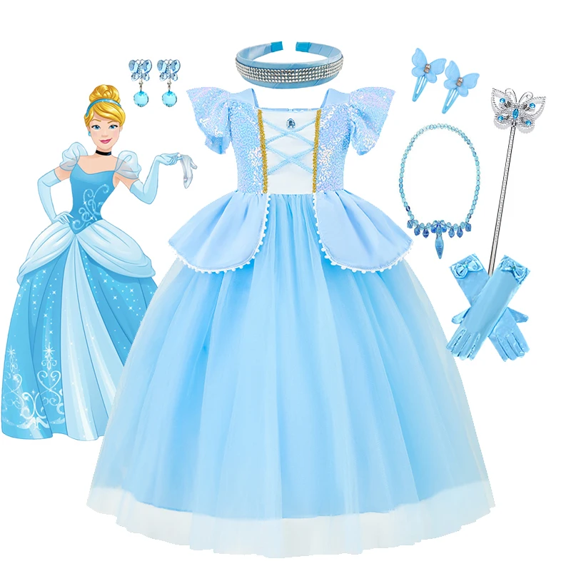 فستان أميرة ديزني سندريلا الفاخر للفتيات والأطفال، ثوب حفلة من الدانتيل الأزرق، ملابس تنكرية للهالوين، ملابس أميرات الكرنفال