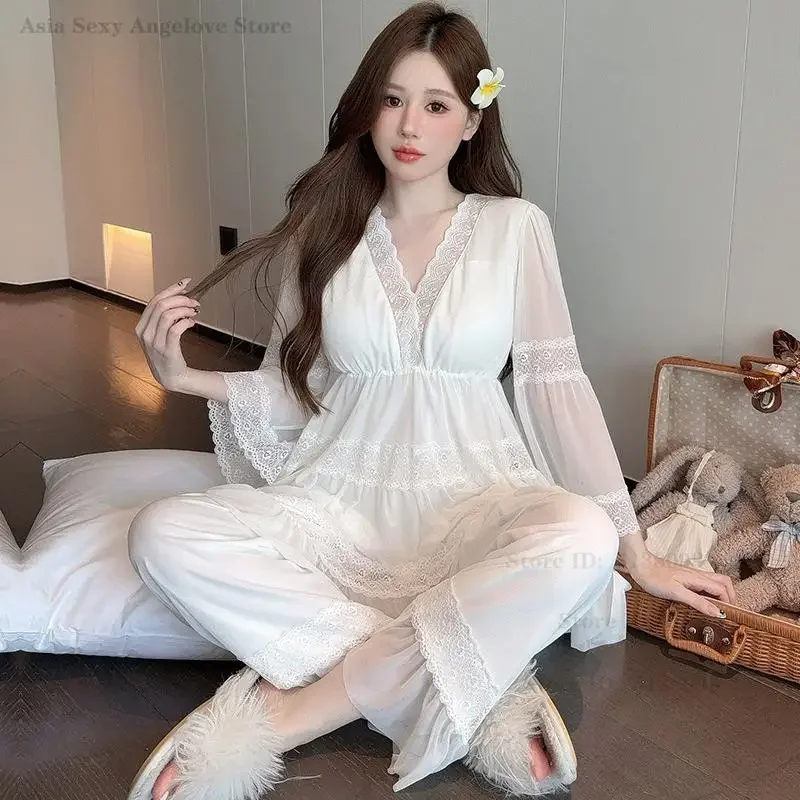 Women Sleepwear Sexy Lingerie Elegant Lace V-Neck Pajamas Set Long Sleeve Trouser Pijamas Suit Lounge Wear Loose Casual Homewear
