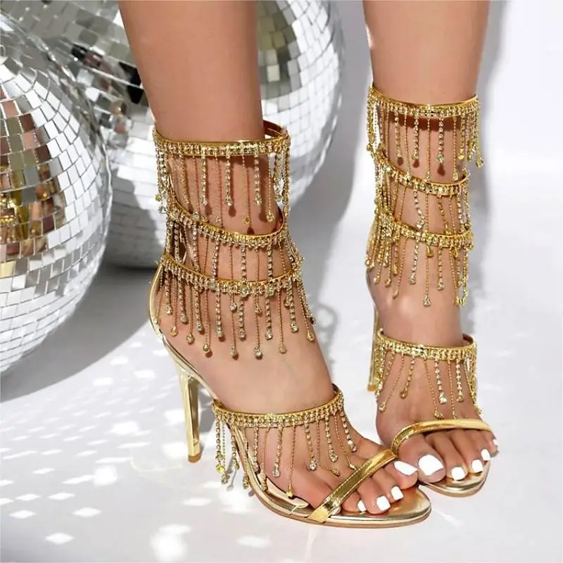 

JINXIIXI Golden Crystal Rhinestone Women's Sandals 9.5cm High Heels Fashion Tassel Big Size 48 Ankle Strap Party Wedding Banquet