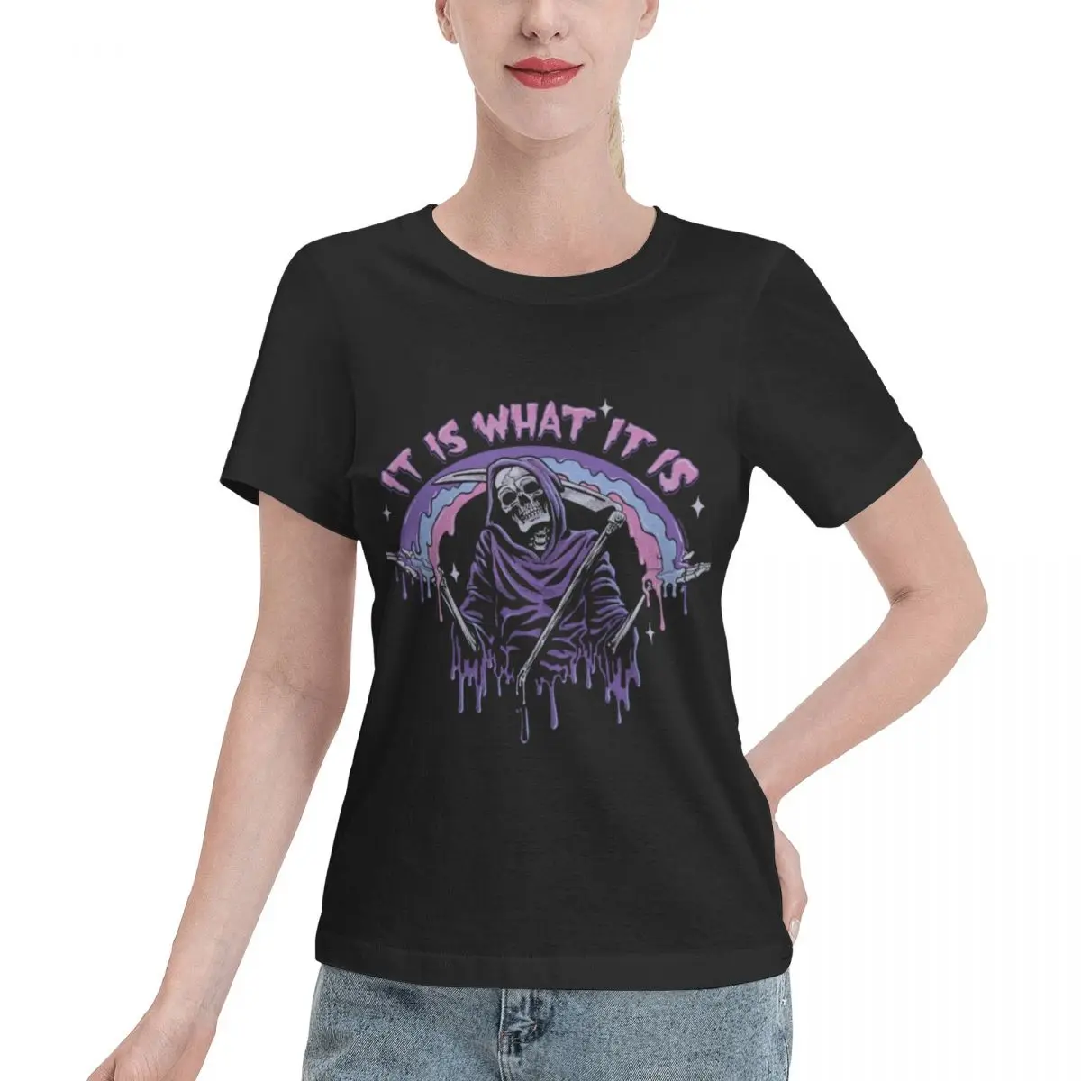 Popular Pick Death It Is What It Is Pastel Goth Grim Reaper Drip Oversized Women's T-shirt Travel Short Sleeve Casual Top
