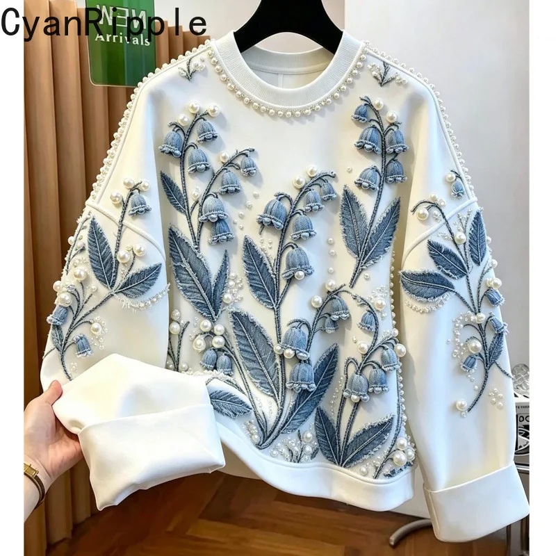 2026 New Autumn Fashion All-match Round Neck Pullover Top Beading Printed Long Sleeve Sweatshirt Vintage Casual Female Hoodie