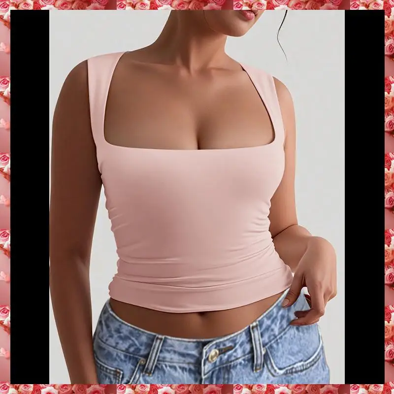 قطع علوية نسائية قصيرة بدون أكمام برقبة مربعة 2025 لطيفة بطبقة مزدوجة بدون خياطة بقصة ضيقة Y2k