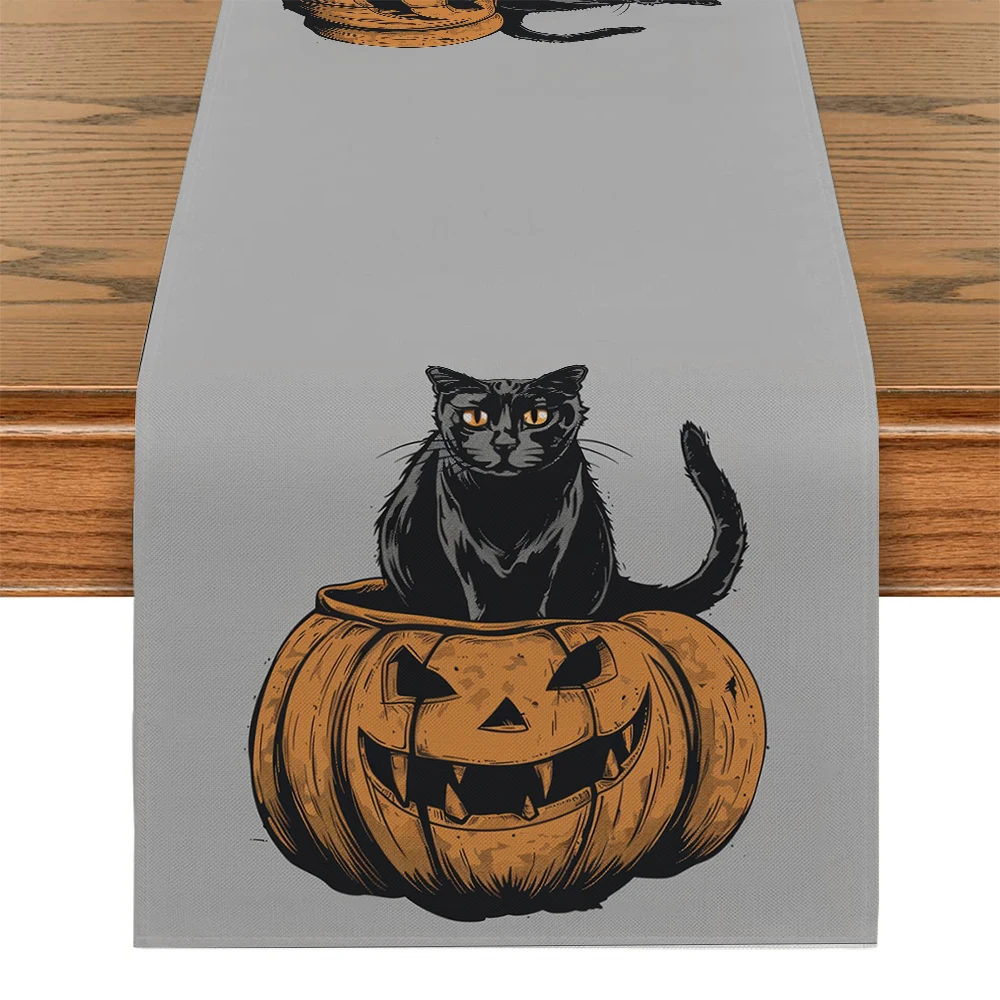 

Halloween Cat Pumpkin Head Table Runners Dresser Decor for Kitchen Holiday Party Table Runner Washable Dining Long Cloth