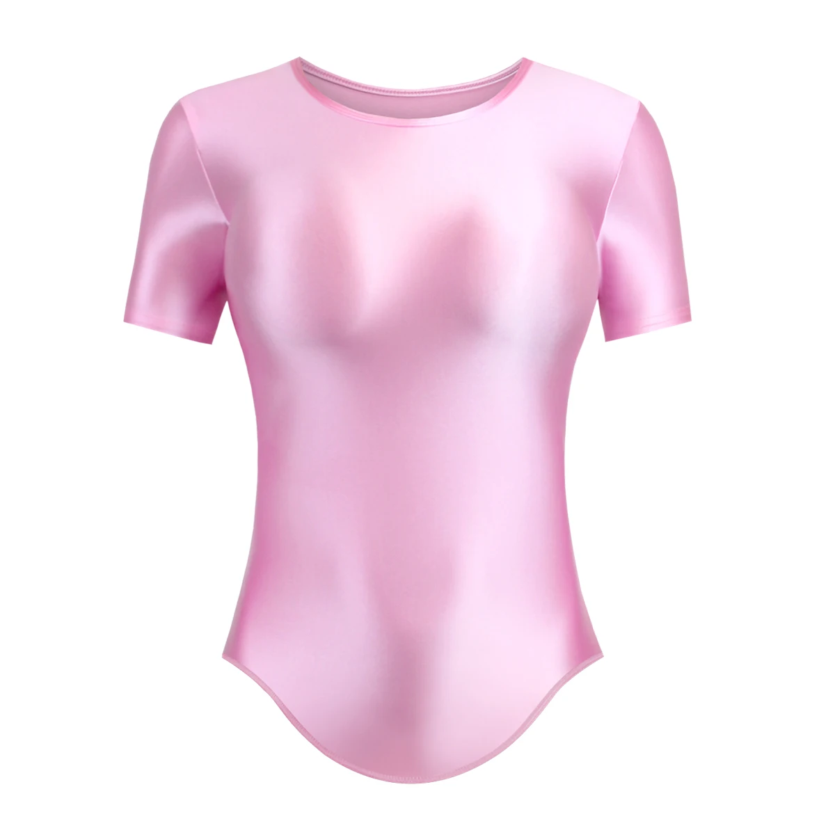 MJINM Glossy Silky Satin Smooth High Stretch Arc Hem Shortsleeve T-shirt Casual Round Neck Tight Yoga Gym Undershirt Streetwear