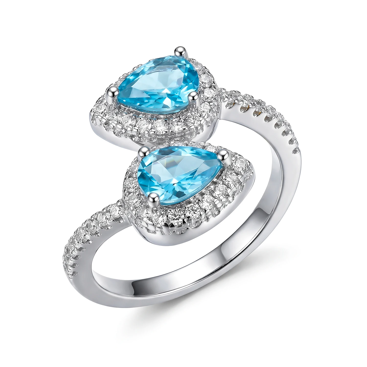 Eleganter Birnenförmiger Blauer Zirkon Bypass-Ring für Damen Kupfer Doppelstein-Halo Abend Cocktail Party Brillanter Statement-Schmuck – Detail 4