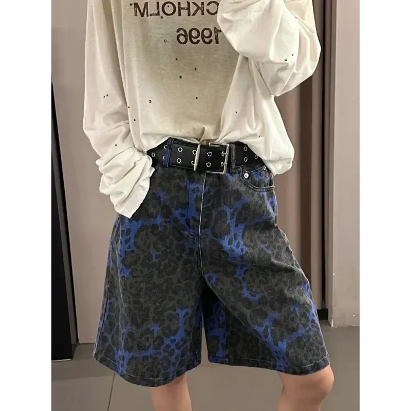 

Американские ретро синие джинсовые женские новые свободные широкие драпированные брюки с леопардовым принтом