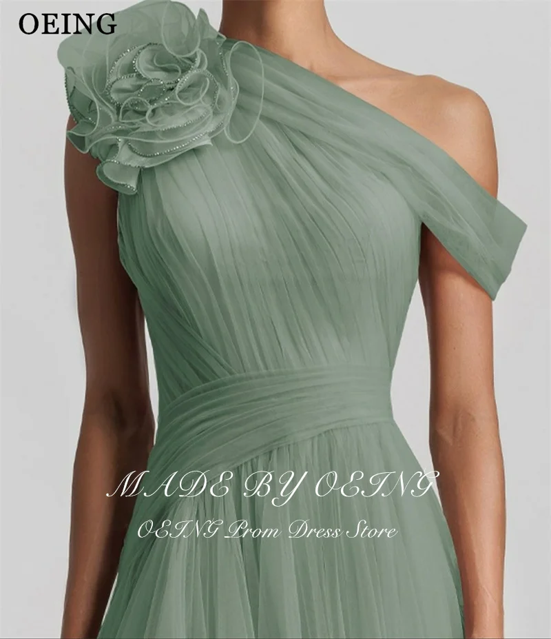 OEING Elegant A-Line Green Prom Dress One Shoulder Side Slit Flower Floor Length Evening Party Dress Gala vestidos Customized