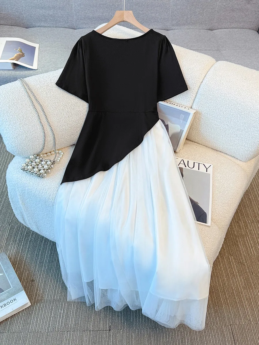140Kg Plus Size Women's Bust 141 Summer Loose Gentle Style Irregular Contrasting Color Square Neck Dress 4XL 5XL 6XL 7XL 8XL