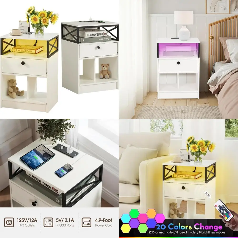 LED Lighted Nightstand Set of 2 with Charging Station, Drawers, and Storage Shelf, Modern Bedside Tables for Bedroom