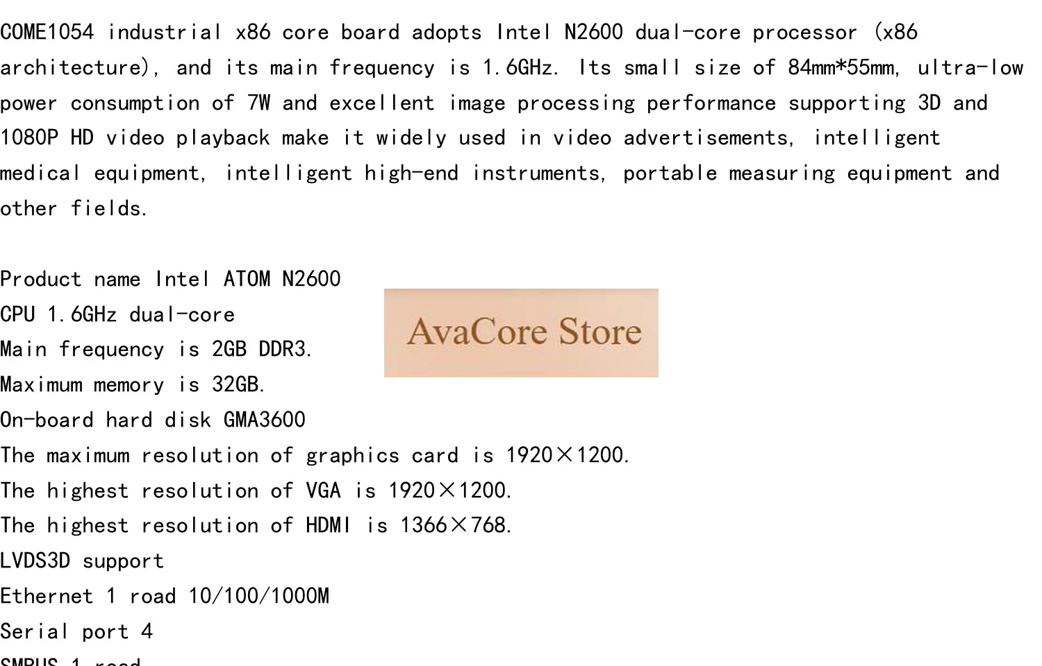 AvaCoreCOME1054-0208 Industrial Grade X86 Core Board N2600 SOM ATOM Industrial Board