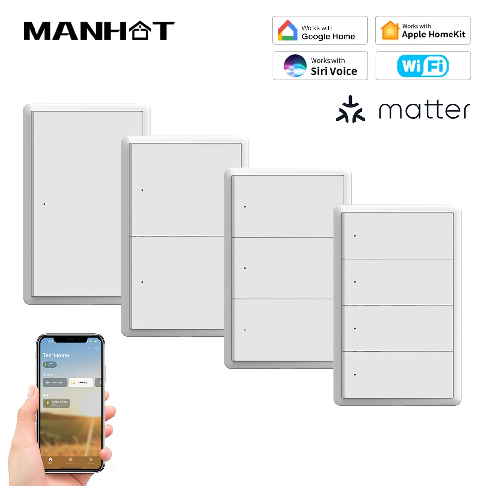 MANHOT Homekit WiFi Smart Switch No Neutral Wire US Switch Push Button Light Switch Work With Tuya Siri Alexa Google Assistant