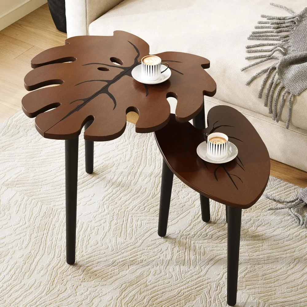

Monstera Leaf Nesting Tables Set of 2, Small Coffee Table Set with Leaf Vein Pattern, Modern Wooden Side Tables for Living Room