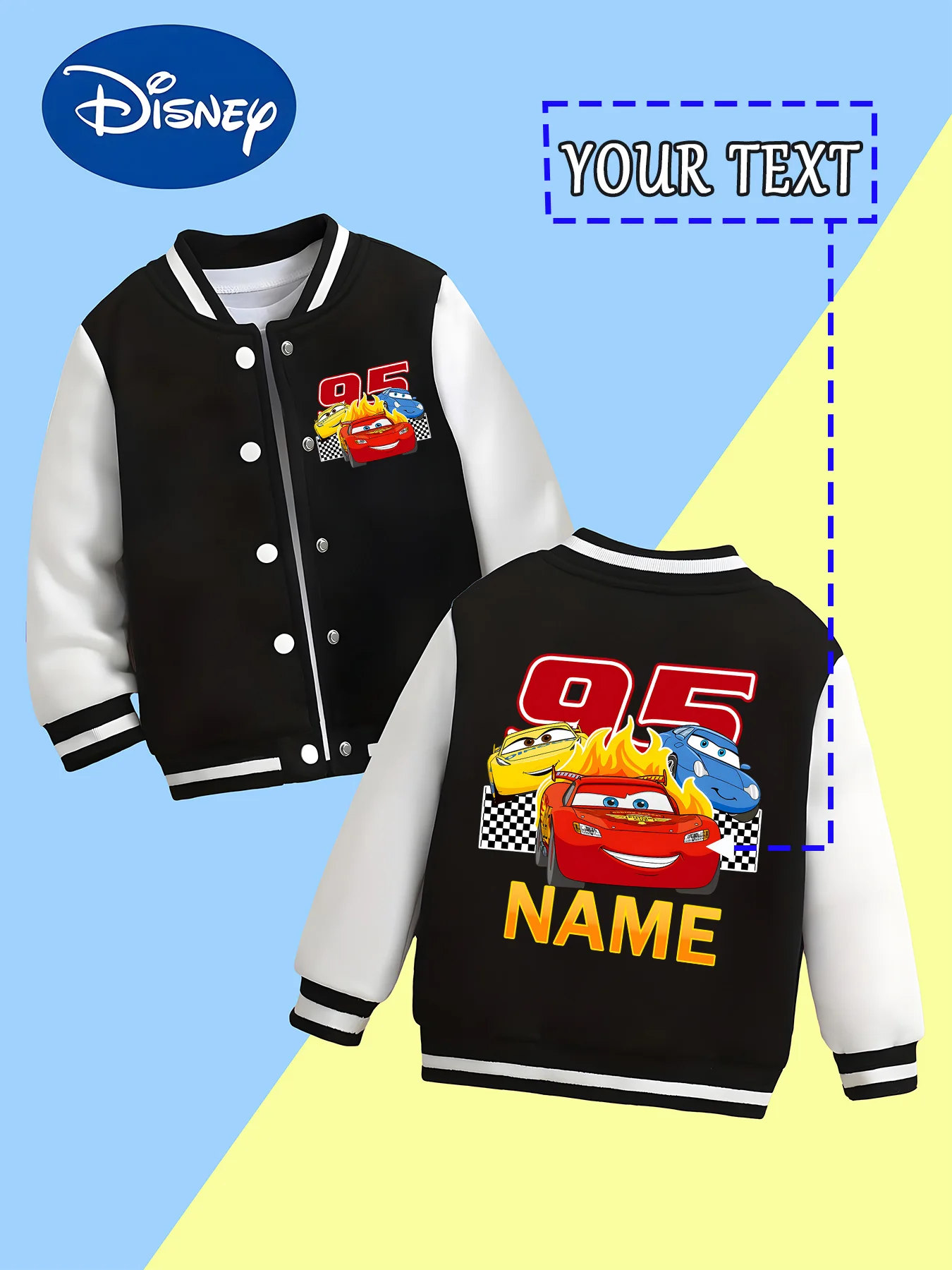 

MINISO Disney Boys Baseball Jacket - Cars 95 Team, led by Lightning McQueen, super cool, racing theme party, daily school wear s