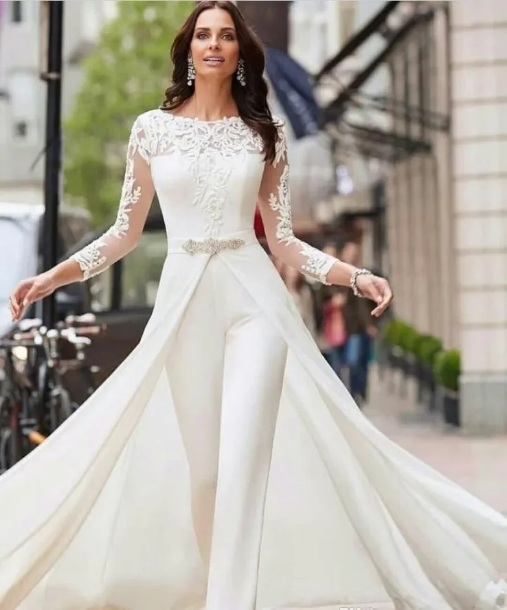 Long Sleeve White Jumpsuits Wedding Dresses Lace Satin With Overskirts Beads Crystals Plus Size Bridal Gowns Pants Dress