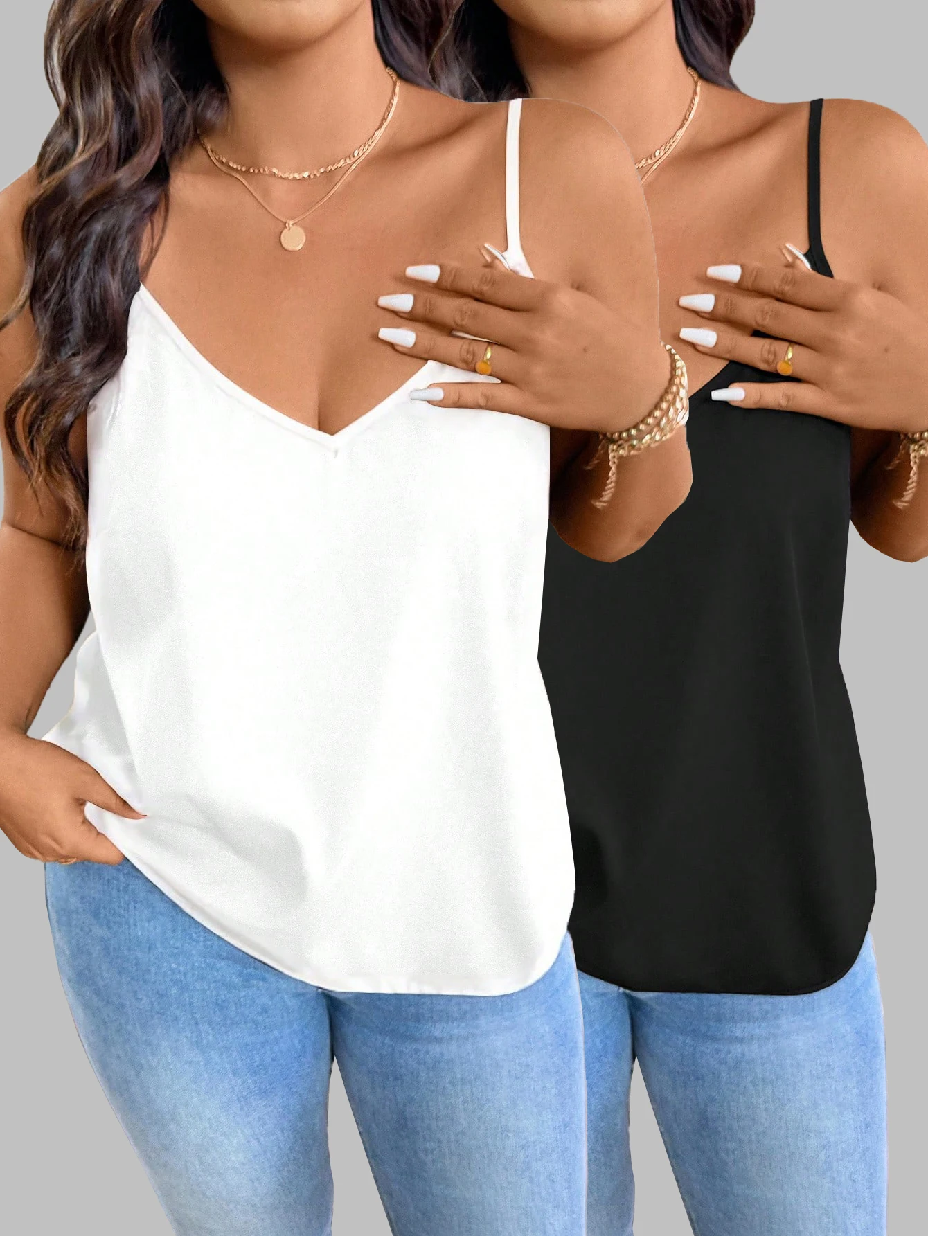 

Женский комплект из 2 предметов больших размеров: атласный топ-камизоль с V-образным вырезом