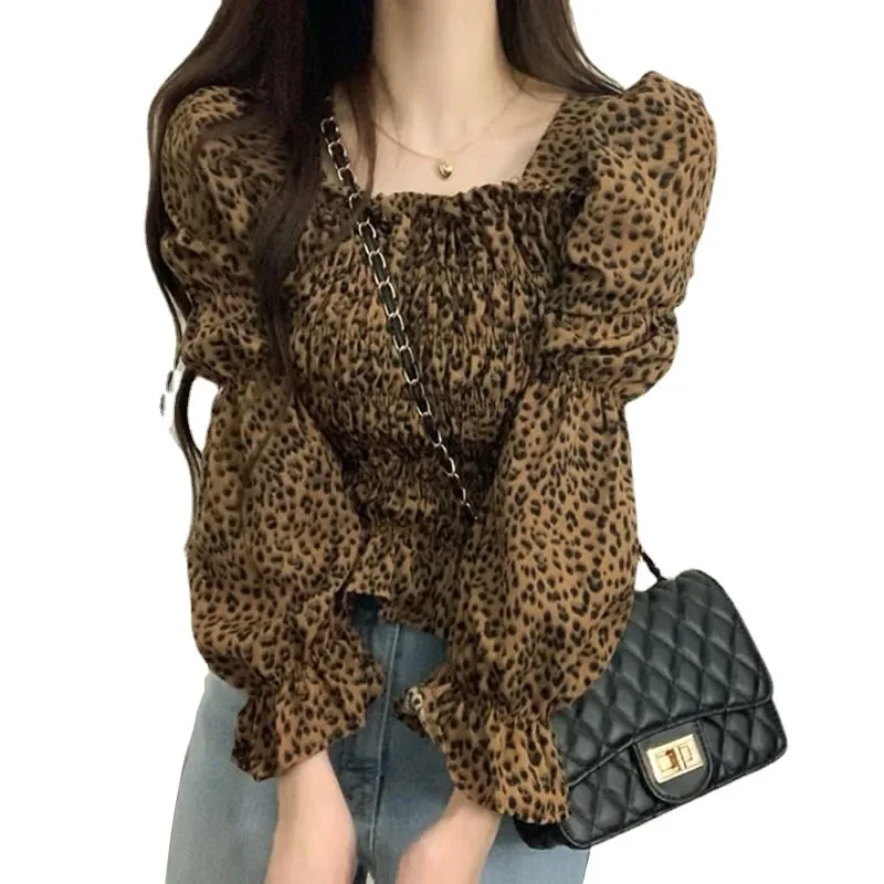 New Fashion Leopard Printing Blouse Women Long Puff Sleeve Women\'s Shirts Square Collar Woman Tops Chic Lady Clothes 8197