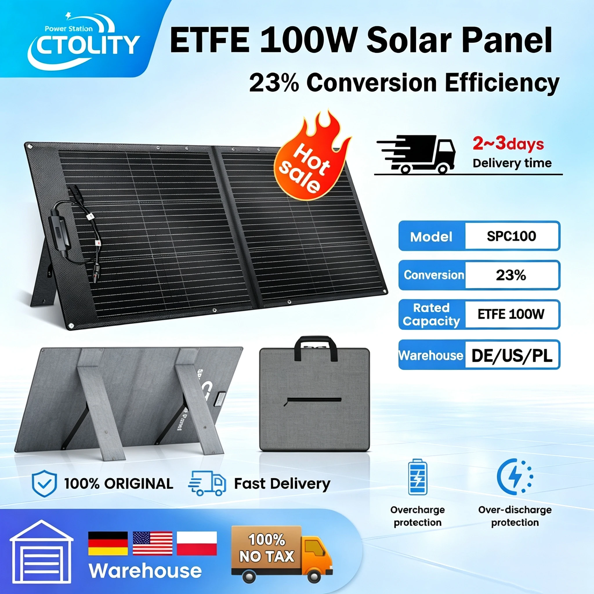 CTOLITY Tragbares 100W Solarpanel ETFE 20,5V Wasserdichtes Faltbares Solarenergiesystem für Solargenerator, Camping, Wohnmobil, Yacht und Netzunabhängige Stromversorgung SPC100