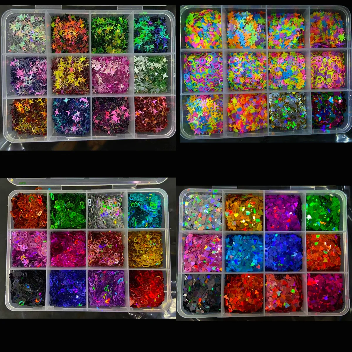 12 Gitter, gemischte Farben, Pailletten, Stern/Herz/rund, holografischer Glitzer, Epoxidharz-Füllformen, Nageldekoration, Maniküre, Pailletten