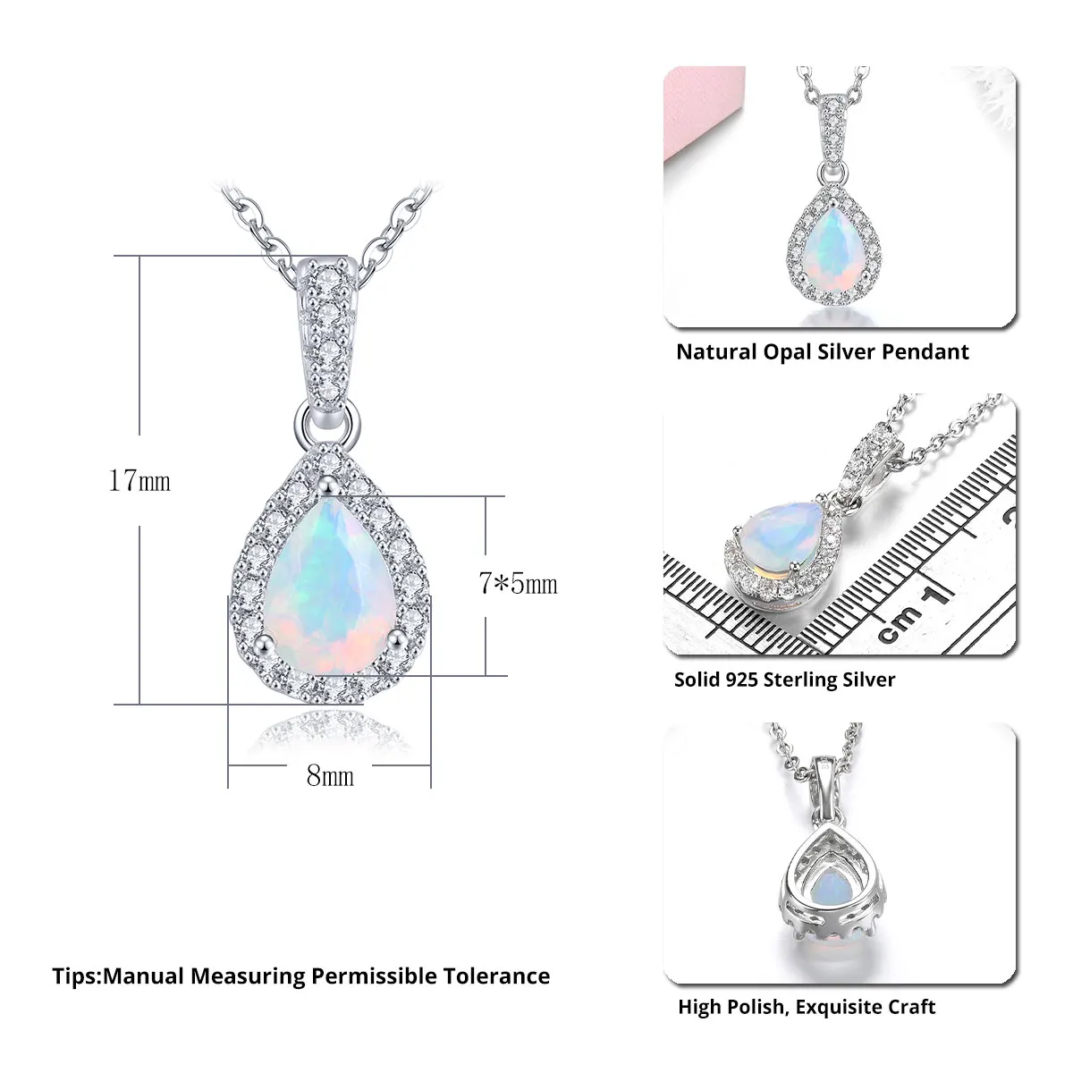 Natural Opal Solid Sterling Silver Pendant Rhodium Plated 0.4 Carats Genuine Gemstone Women Classic Simple Style Jewelrys