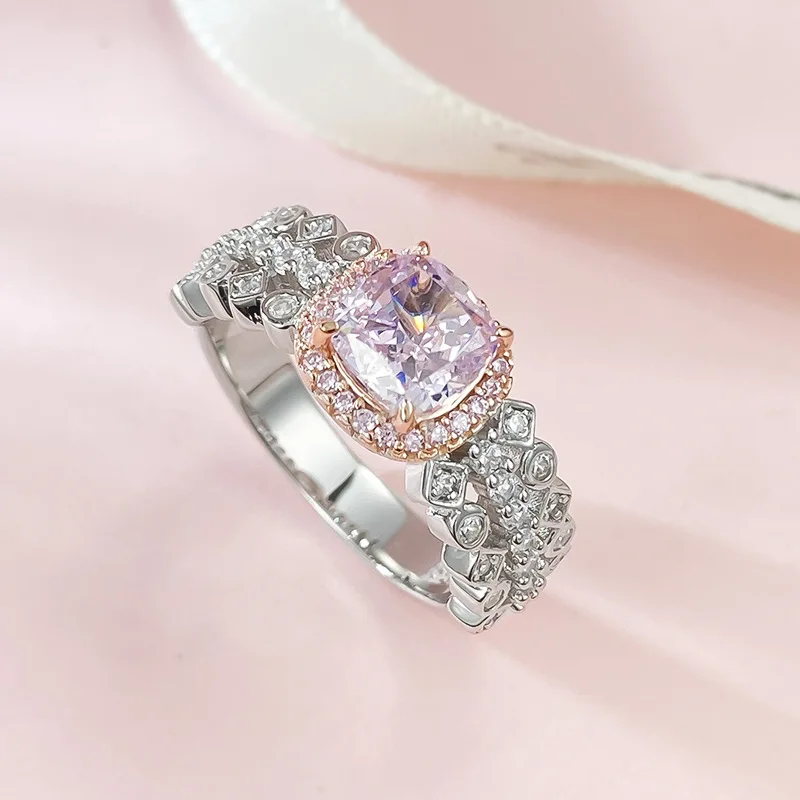 

S925 Silver 2023 New Imported High Carbon Diamond 6 * 6 Redion Pink Diamond Ring Women's Fashion Versatile Daily Style