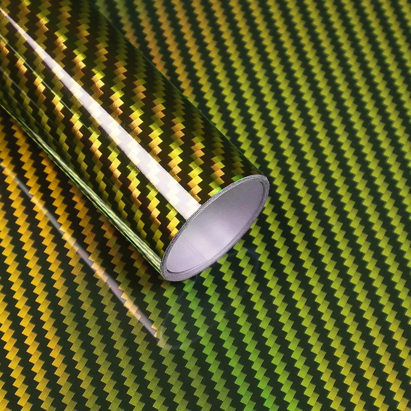 PET High Gloss Rainbow Chrome Holographic Gold Carbon Fiber Vinyl Wrap Film with Air Release Adhesive Decal Sticker Car Wrapping