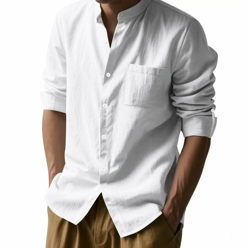 

Men Linen Shirt Long Sleeve Stand Collar Breathable Casual Top