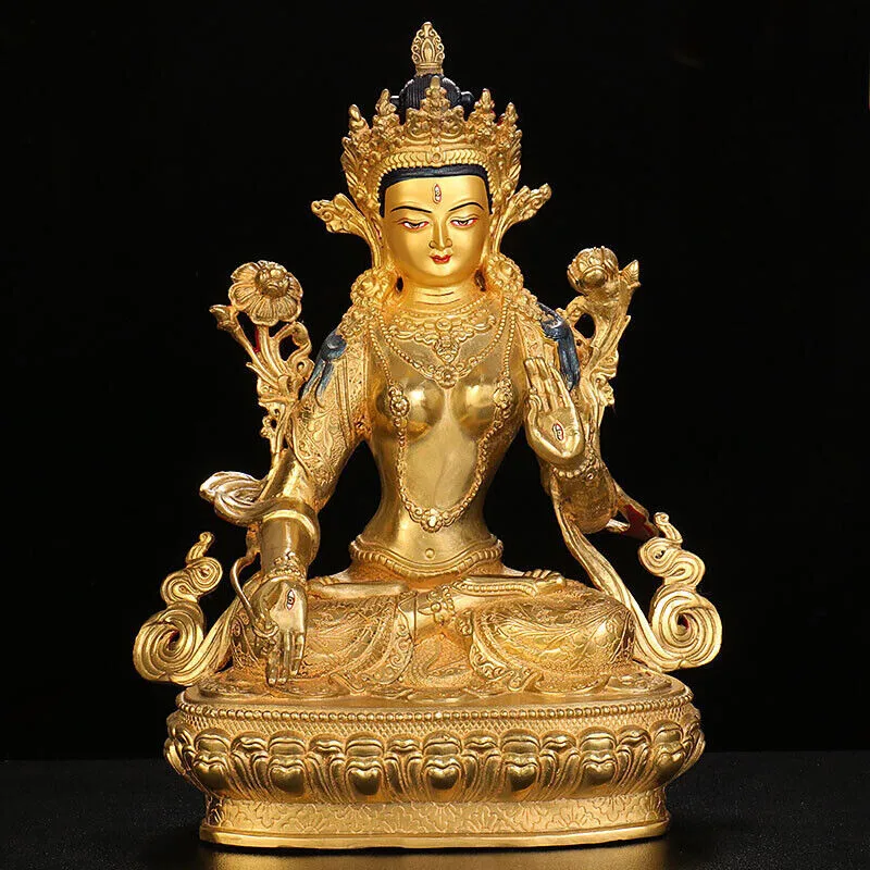

12" Handpainted statue gilt bronze Buddha Tara white Bodhisattva treasures