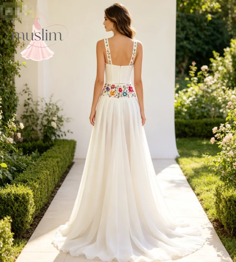 2 Piece Bohemian Wedding Dress Colorful Floral Embroidery Chiffon Mexican Boho Bridal Gown Spaghetti Strap Sweetheart High Split